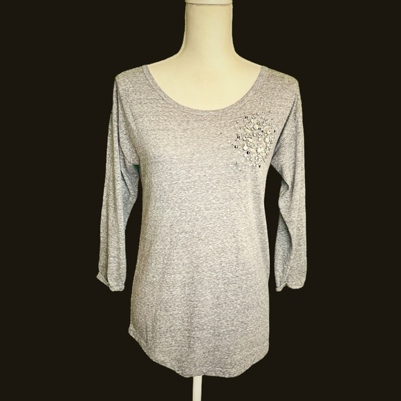 J. Crew Tops - J. Crew Heathered Gray Crystal & Sequin Bejeweled 3/4 Sleeve Tee Shirt Size XS